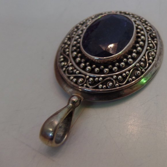 Samuel B Stamped 9.25 Sterling BJC Caviar Detailing Bold Pendant Blue Stone - Picture 5 of 12